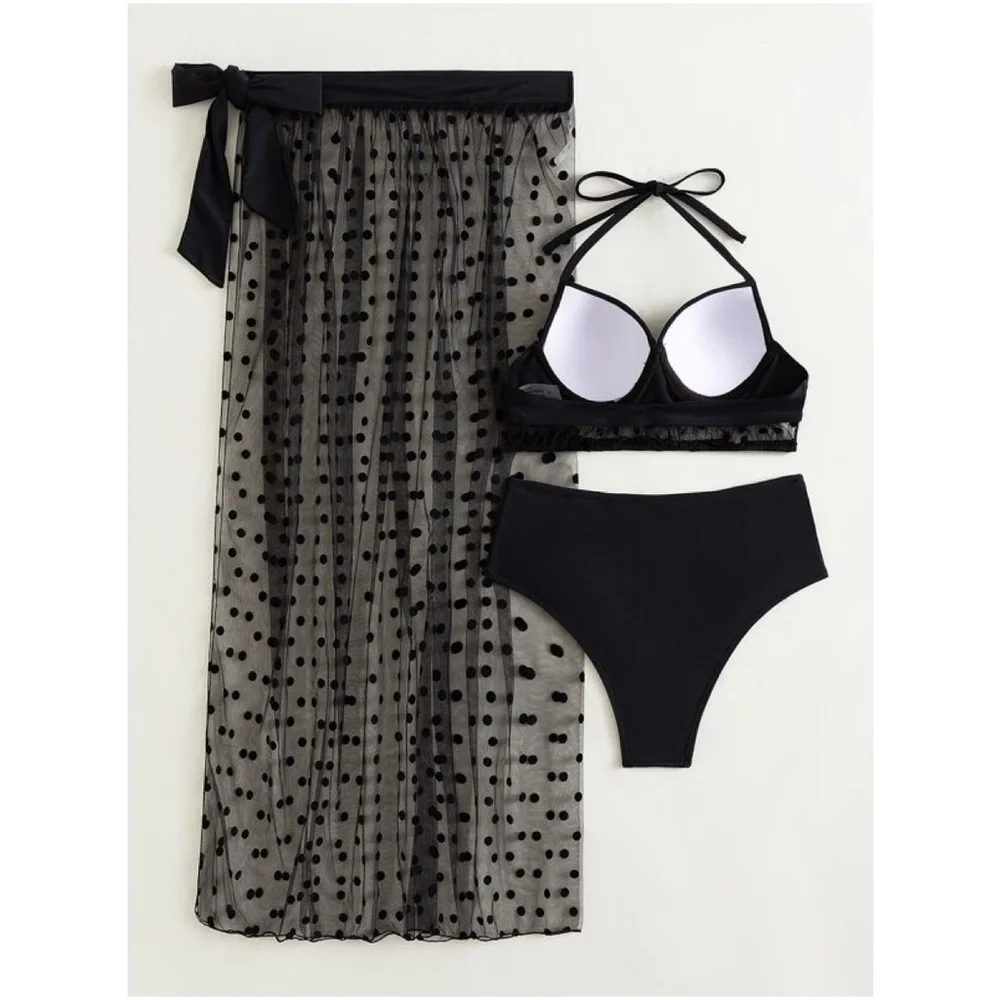 Rust brown Polka Dot Bikini Skirt Beach Swim Set - Picture 3 of 11